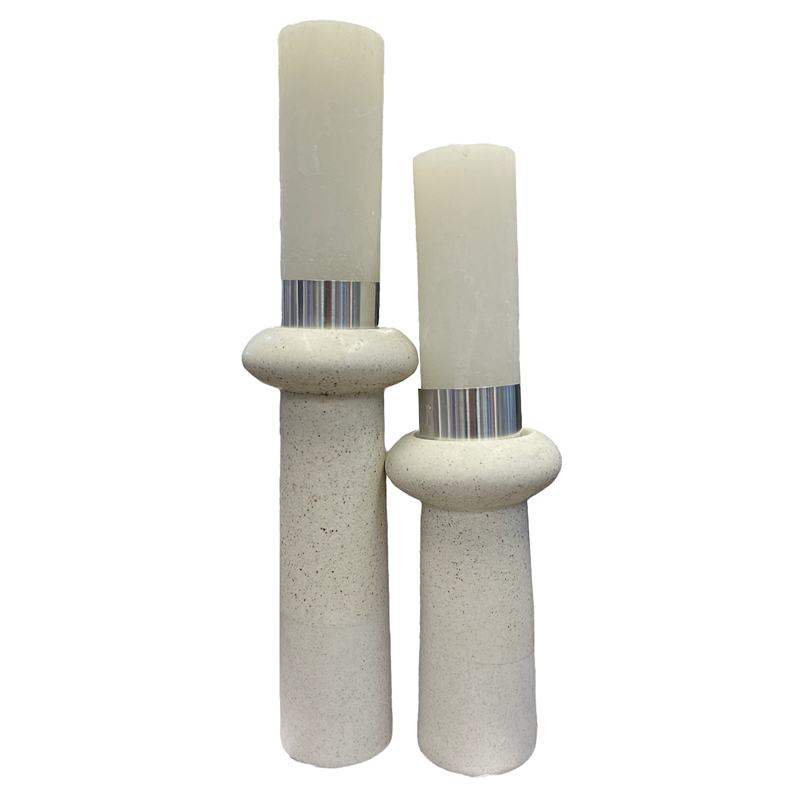 Off White Speckled Ceramic Candle Holders with candles