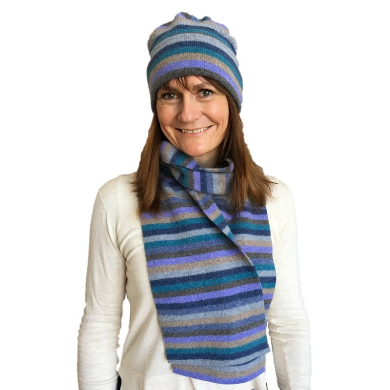 Old School Beauly Knitwear - Inverness Blue Skies Scarf on model