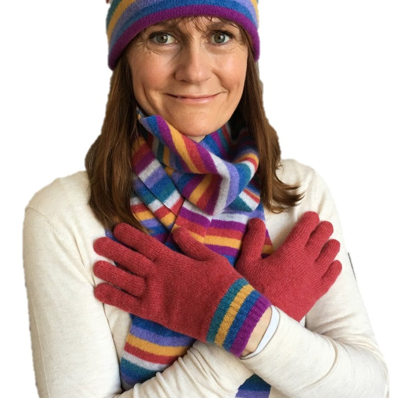 Old School Beauly Knitwear - Inverness Sunset Gloves on model with scarf & hat