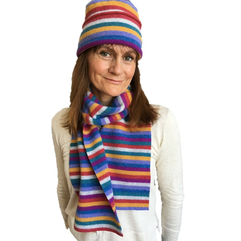 Old School Beauly Knitwear - Inverness Sunset Scarf on model with matching hat