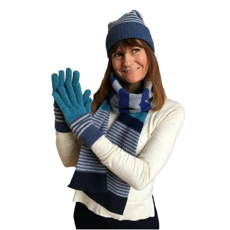 Old School Beauly Knitwear - Ullapool Scarf on model with matching hat and gloves