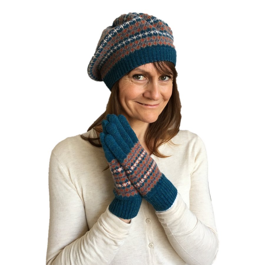 Old School Beauly Knitwear - Wee Nessie Gloves on model with matching hat