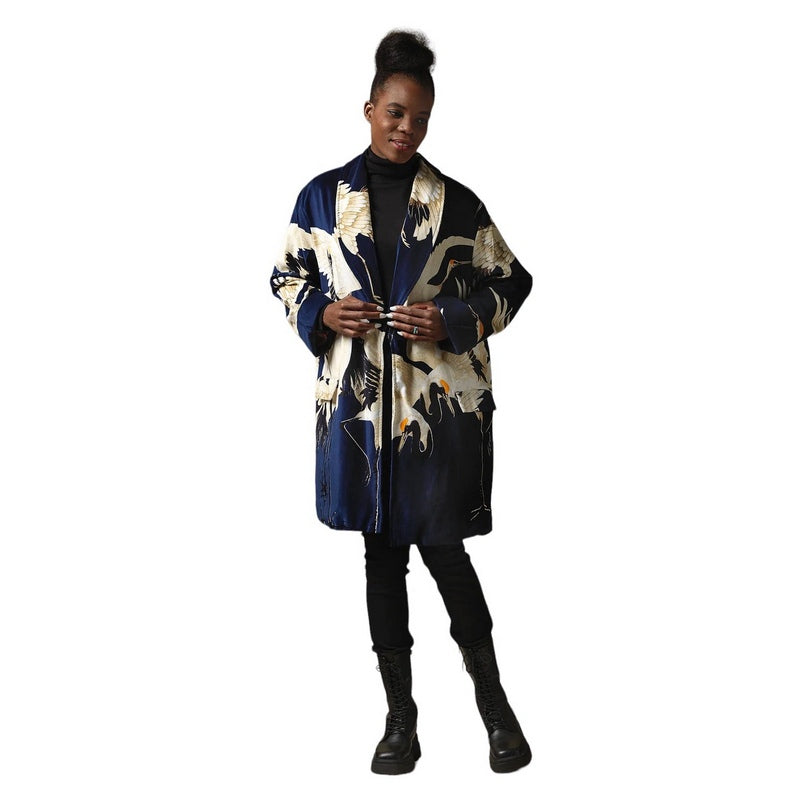 One Hundred Stars Boyfriend Jacket Navy Stork on model front 2