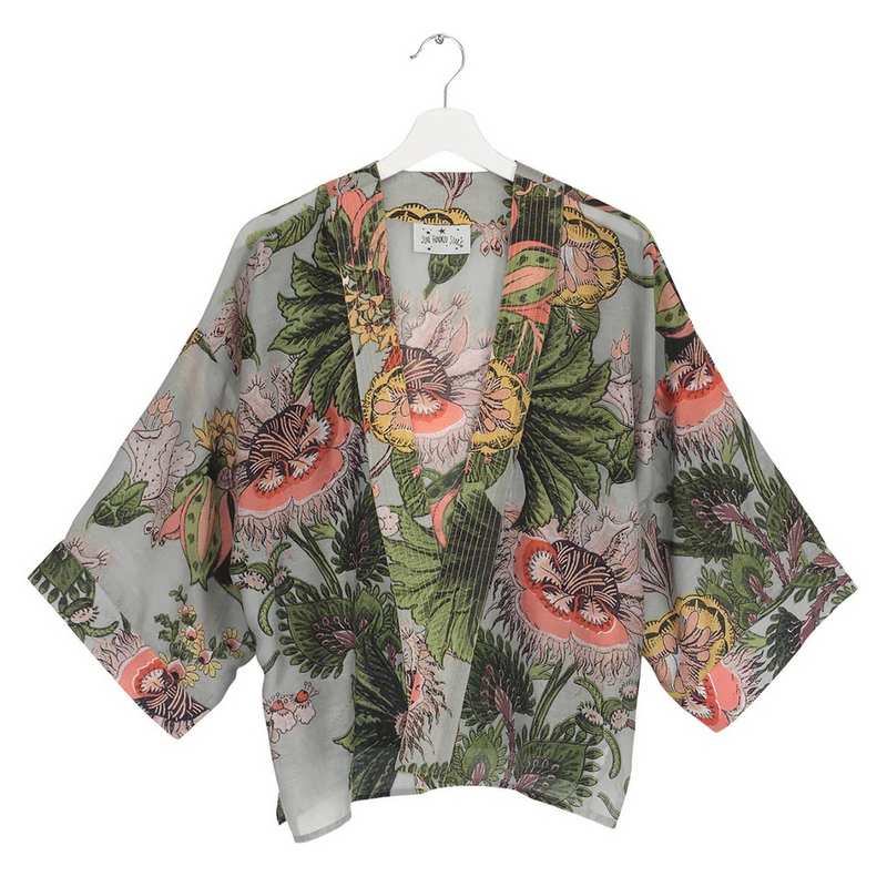One Hundred Stars Kimono Eccentric Blooms Putty on hanger front
