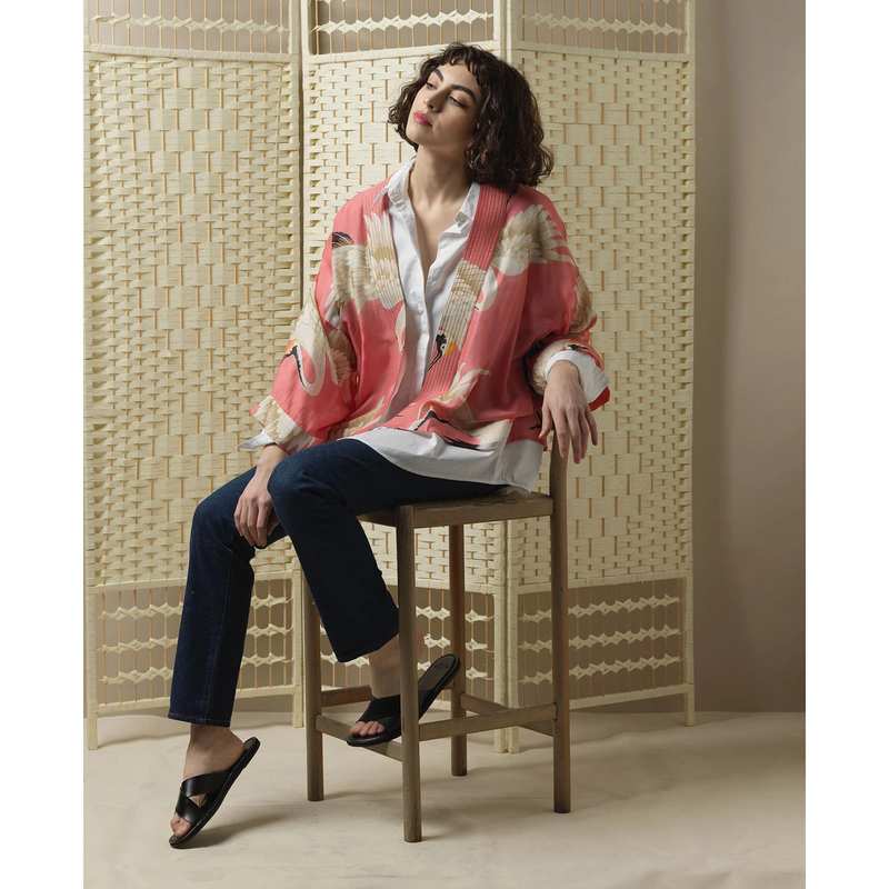 One Hundred Stars Stork Lipstick Pink Kimono on model sitting