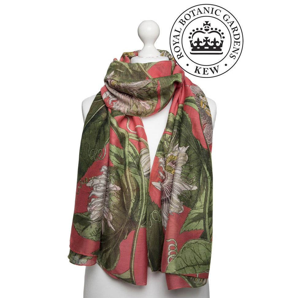 One Hundred Stars Kew Passion Flower Coral Scarf on mannequin