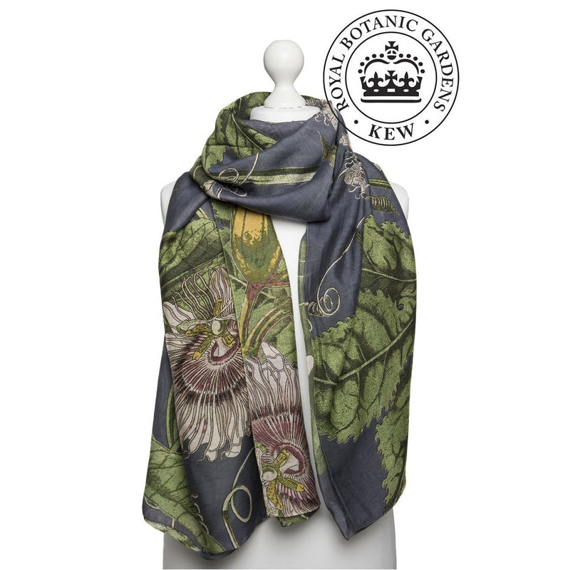 One Hundred Stars Kew Passion Flower Grey Scarf on mannequin