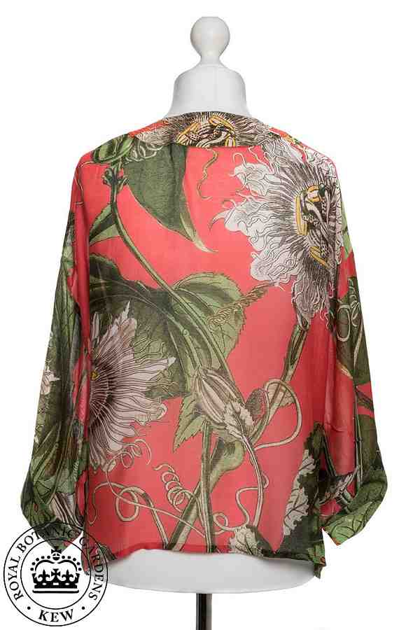 One Hundred Stars Kew RBG Passion Flower Coral Kimono on mannequin back