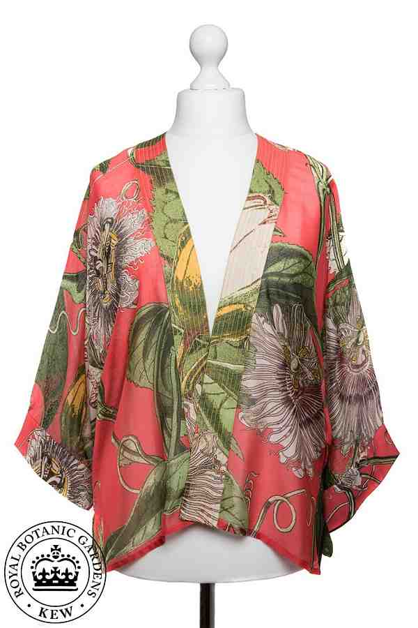 One Hundred Stars Kew RBG Passion Flower Coral Kimono on mannequin front