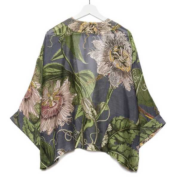 One Hundred Stars Kew RBG Passion Flower Grey Kimono back