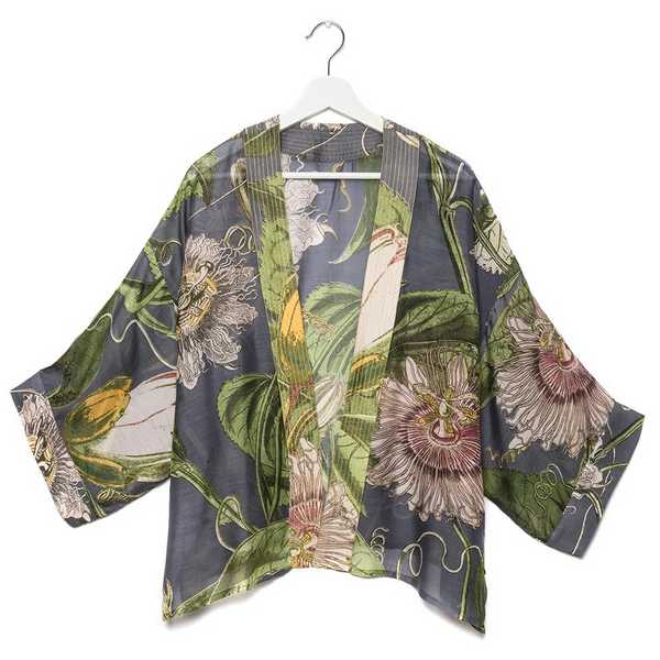 One Hundred Stars Kew RBG Passion Flower Grey Kimono front