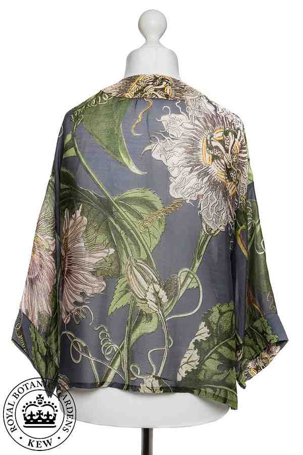 One Hundred Stars Kew RBG Passion Flower Grey Kimono on mannequin back