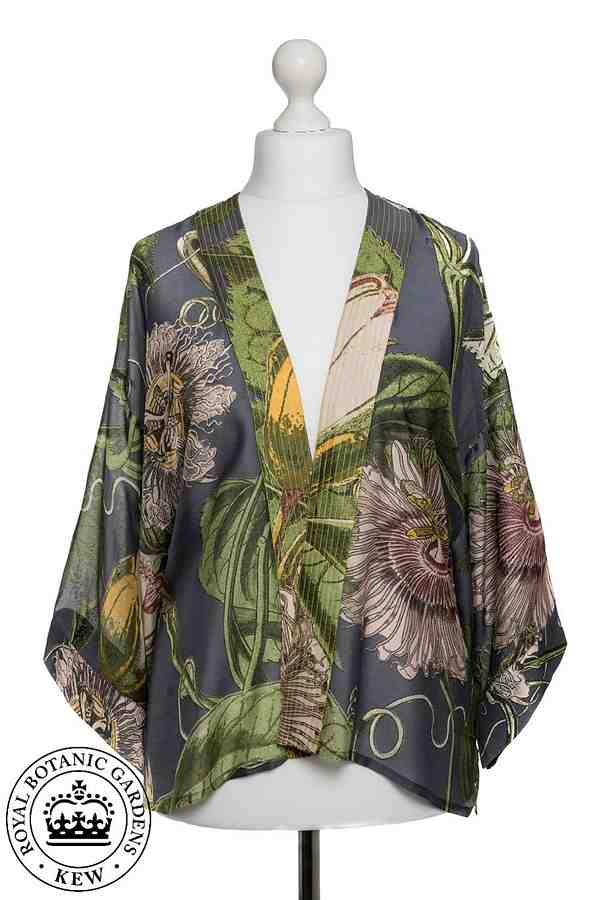 One Hundred Stars Kew RBG Passion Flower Grey Kimono on mannequin front