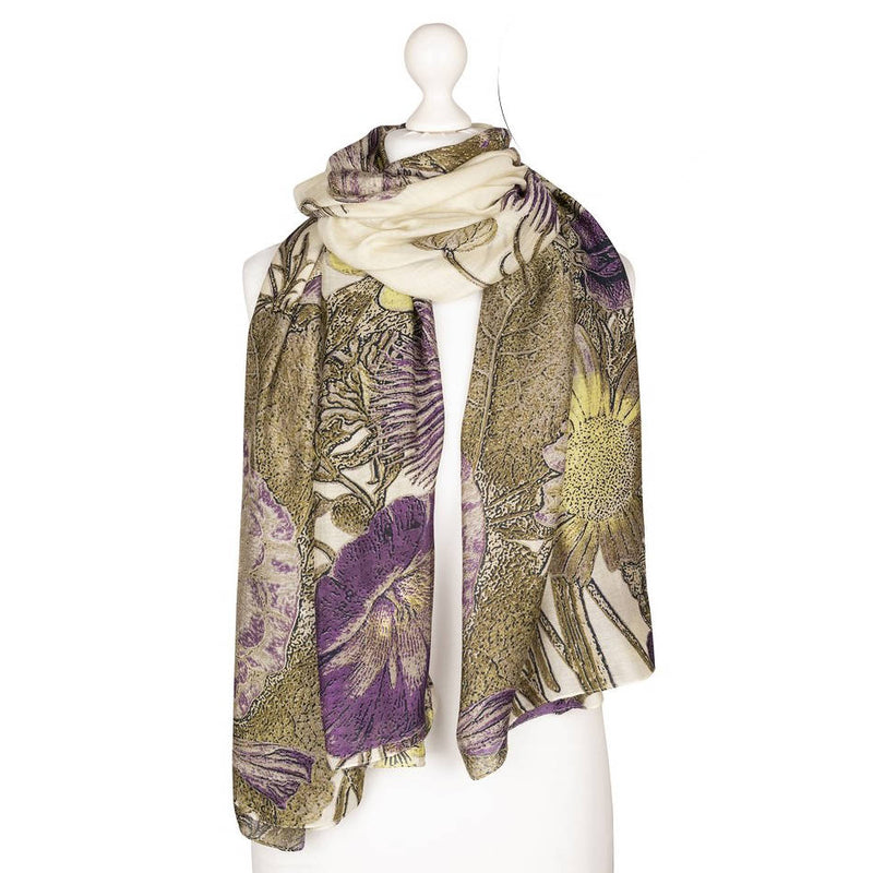 One Hundred Stars Kew Thistle Purple Scarf on mannequin