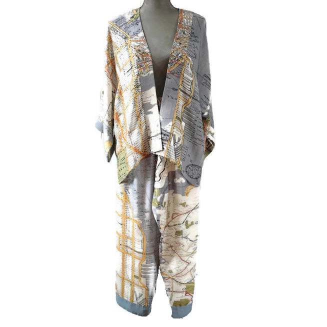 One Hundred Stars Palazzo Pants New York City Grey with Mini Kimono