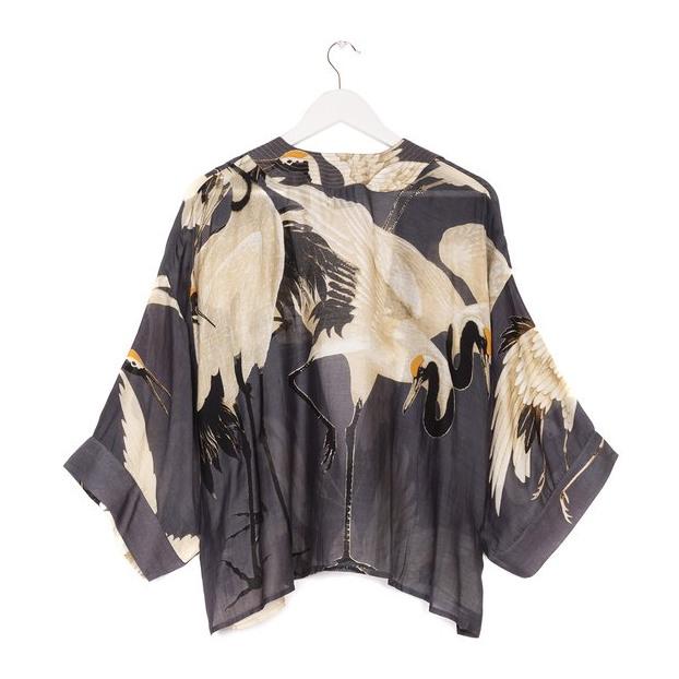 One Hundred Stars Stork Charcoal Grey Mini Kimono back
