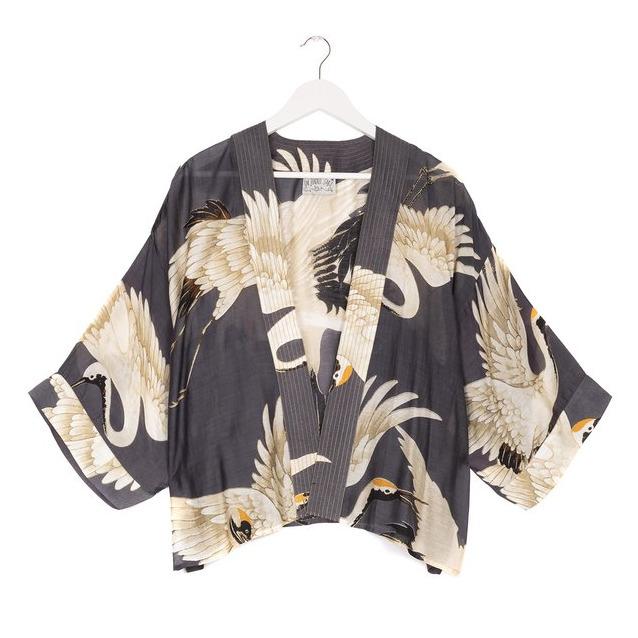 One Hundred Stars Stork Charcoal Grey Mini Kimono front