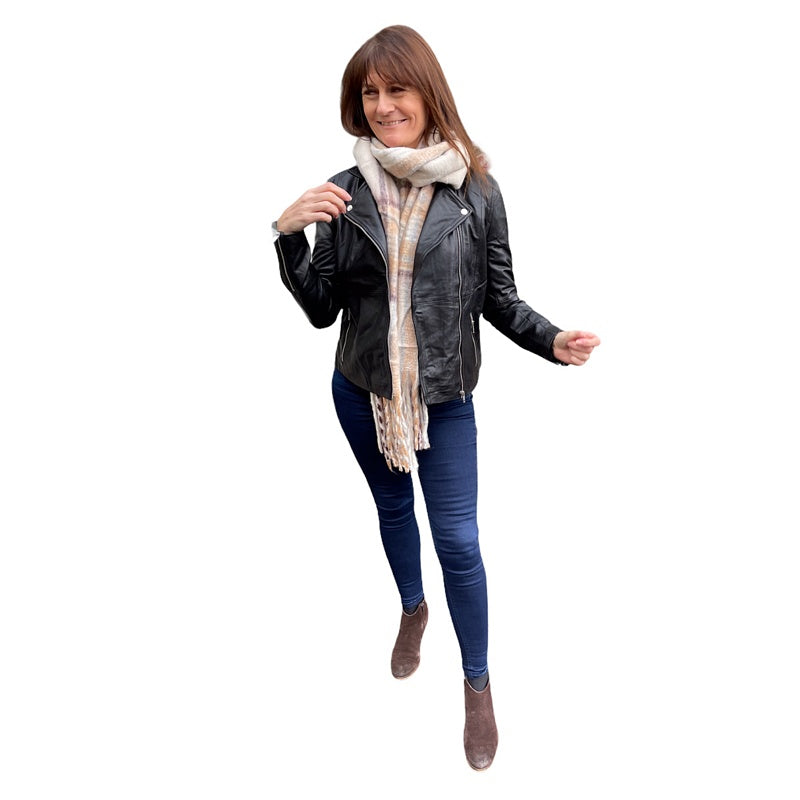 Part Two Clothing Frances Black Leather Jacket on Helen with scarf