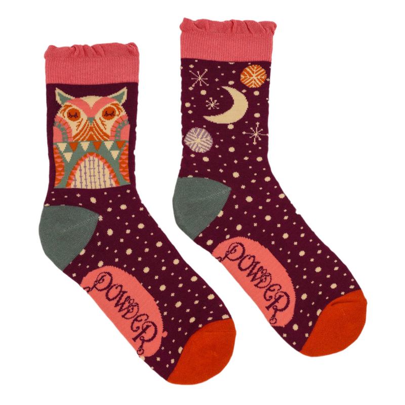 Powder Designs Bamboo Ladies Socks Owl By Moonlight on Grape SOC534 front and back