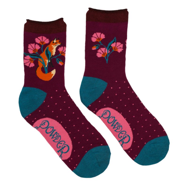 Powder Designs Bamboo Socks Fox In Meadow Grape SOC542 front and back