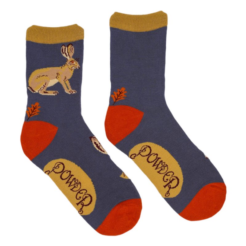 Powder Designs Bamboo Ladies Socks Hare Cameo on Blue SOC545 front and back