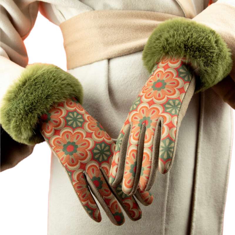 Powder Designs Bernadette Faux Suede Gloves Olive Floral BER2 on model close-up