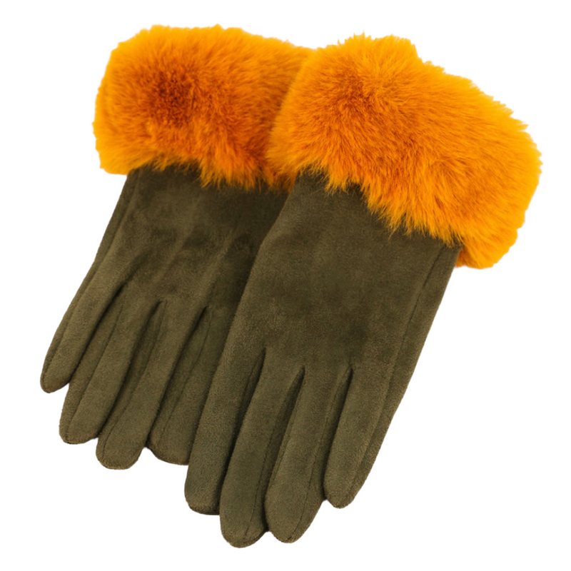 Powder Designs Bettina Faux Fur & Suede Gloves Olive & Mustard BET37 main