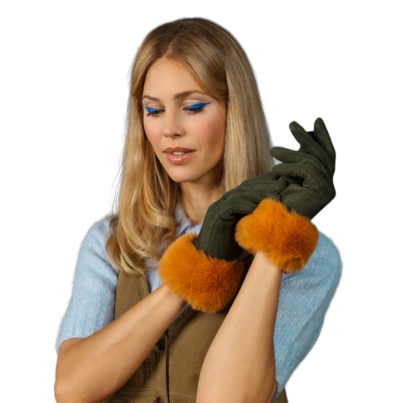 Powder Designs Bettina Faux Fur & Suede Gloves Olive & Mustard BET37 on model