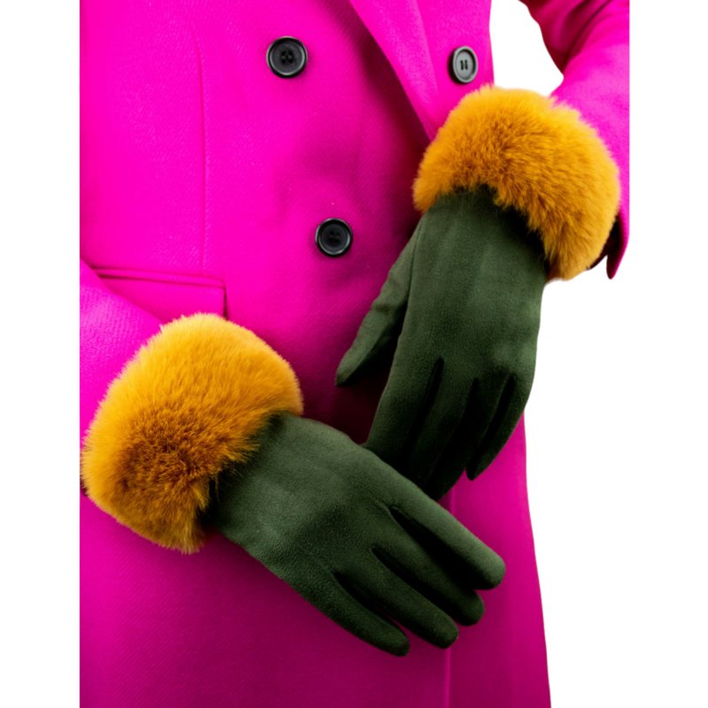 Powder Designs Bettina Faux Fur & Suede Gloves Olive & Mustard BET37 on model in pink coat