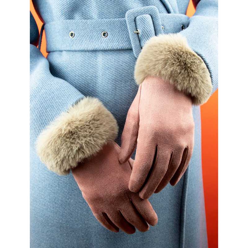 Powder Designs Bettina Faux Fur & Suede Gloves Petal & Mist BET41 on model in coat