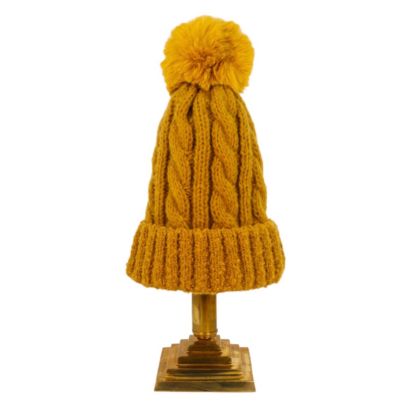 Powder Designs Freya Bobble Hat in Mustard FRE12 on stand