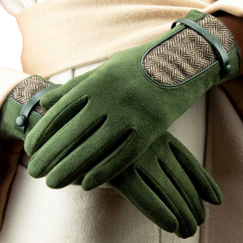 Powder Designs Genevive Faux Suede Driving Gloves Olive GEN11 on model close-up