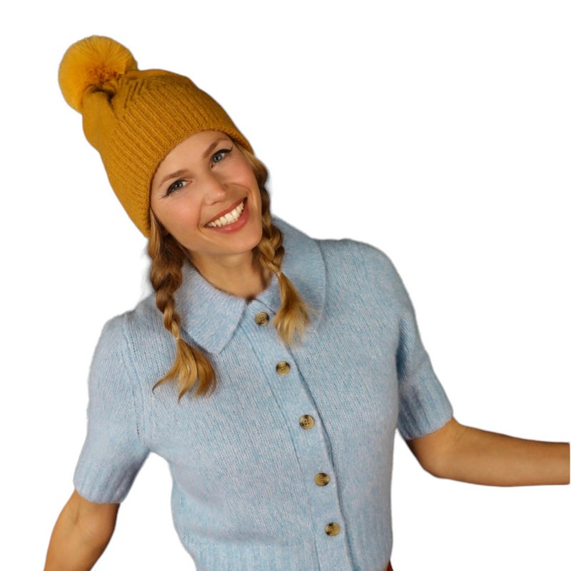 Powder Designs Ingrid Pompom Hat in Mustard ING12 on model