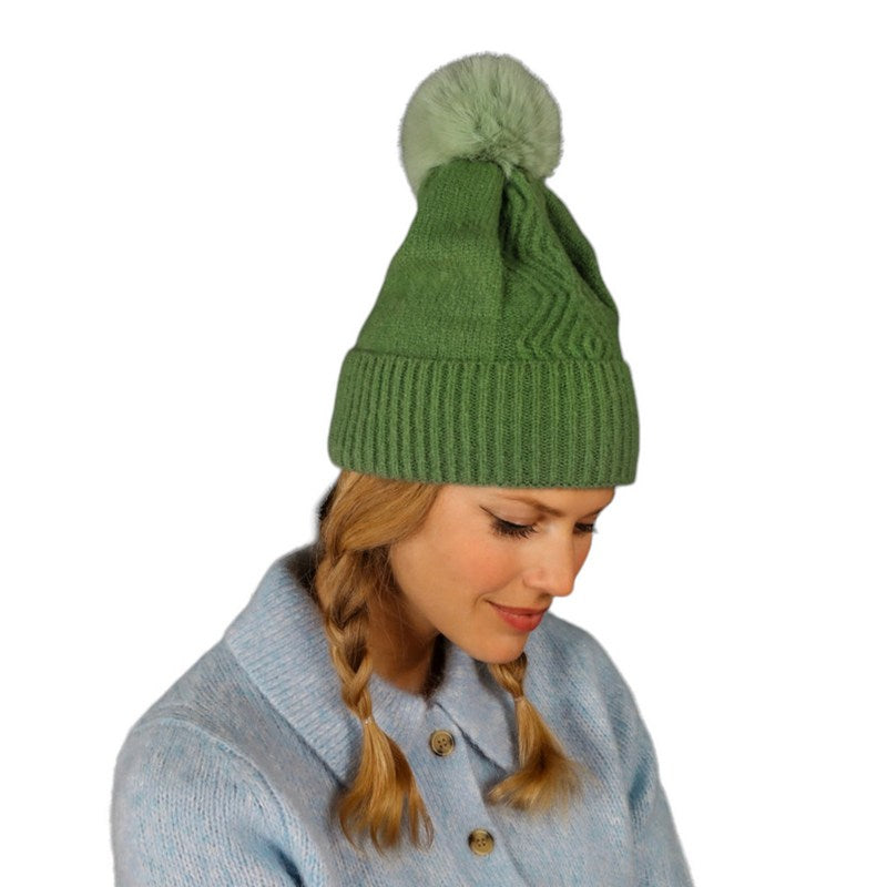 Powder Designs Ingrid Pompom Hat in Sage ING10 on model side