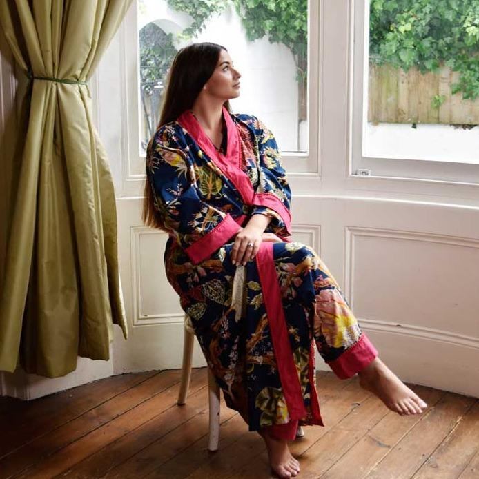 Powell Craft Blue Carnation Dressing Gown DG410 on model 1