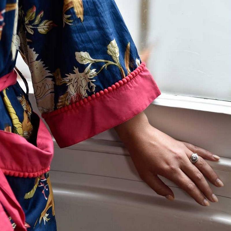 Powell Craft Blue Carnation Dressing Gown DG410 sleeve detail