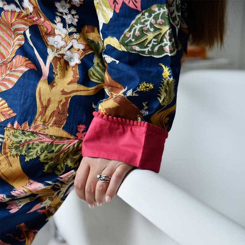 Powell Craft Blue Carnation Print Ladies Pyjamas SN410 sleeve detail