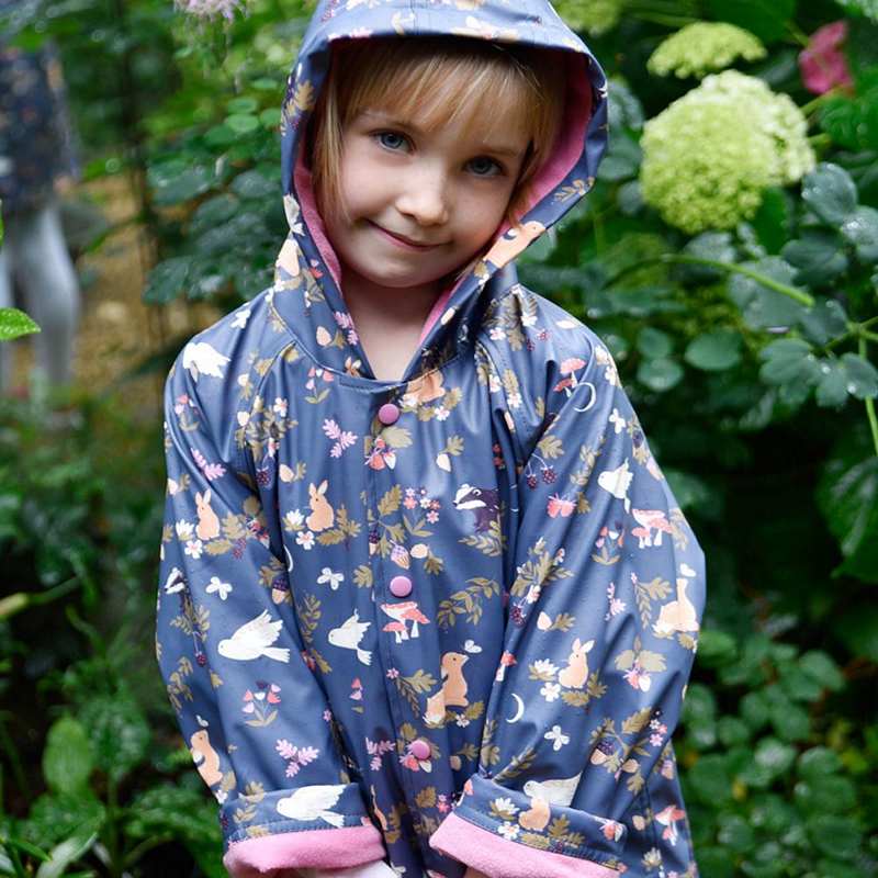 Powell Craft Enchanted Forest Print Raincoat RMEF on girl with hood up