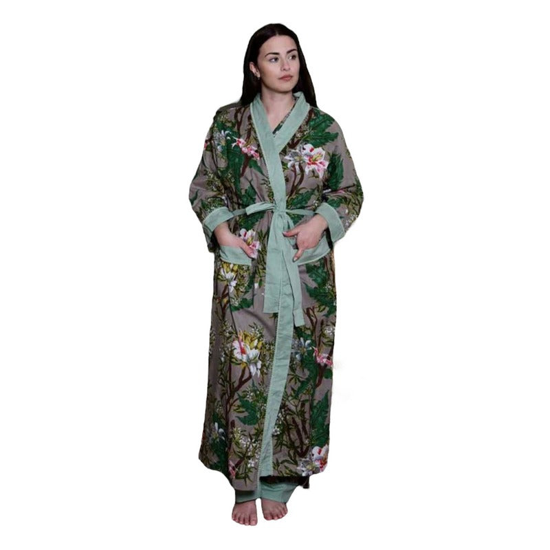 Powell Craft Grey Stargazer Lily Dressing Gown DG409 on model full length