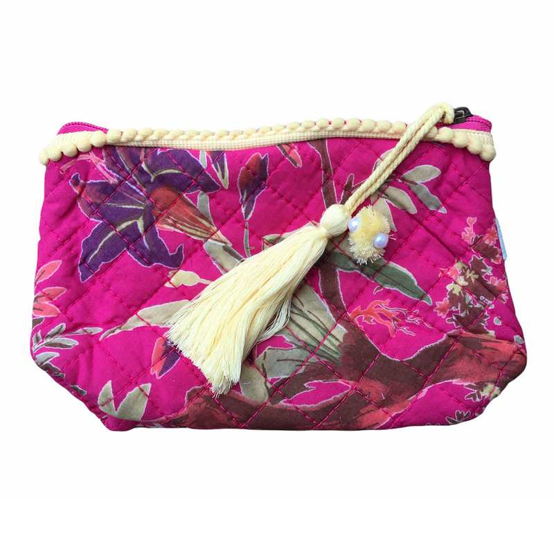 Powell Craft Hot Pink Birds Quilted Makeup Bag QMB20 front