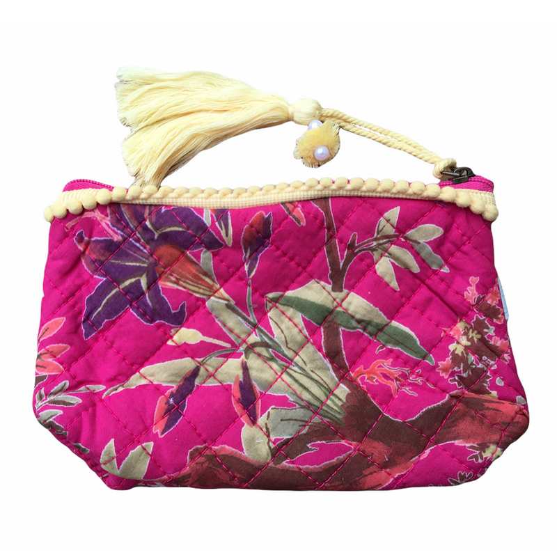 Powell Craft Hot Pink Birds Quilted Makeup Bag QMB20 with tassel out