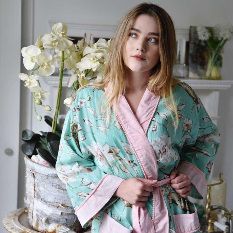 Powell Craft Mint Blossom Dressing Gown DG32 on model close-up