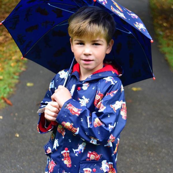 Powell Craft Robot Raincoat RMRO on boy with umbrella