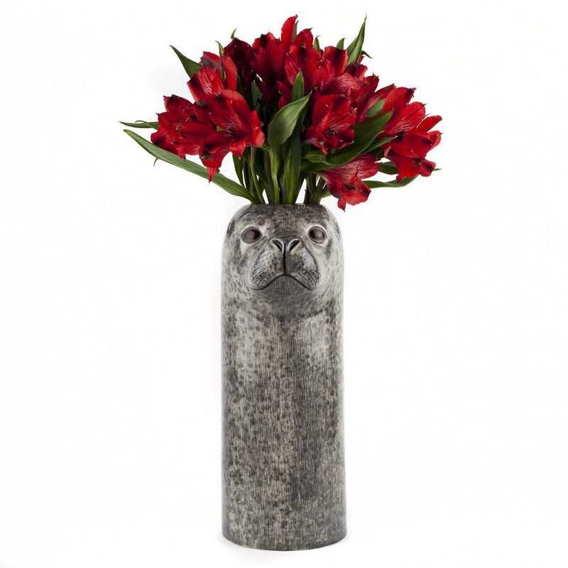 Quail Ceramics Harbour Seal Ceramic Flower Vase Large with flowers front