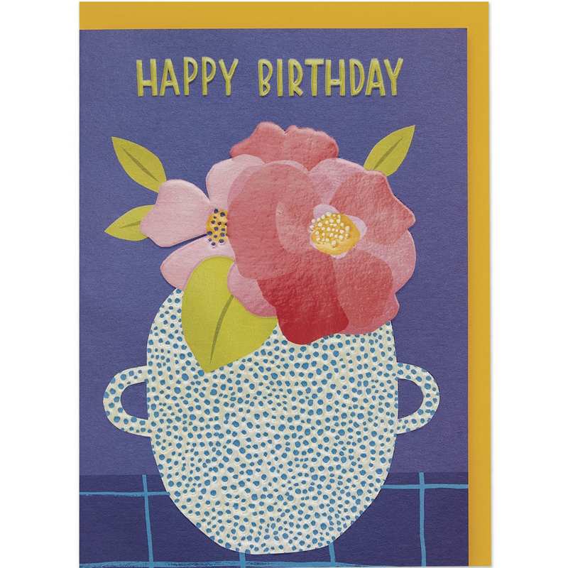 Raspberry Blossom Greetings Card Happy Birthday Peonies in Vase REF05 front