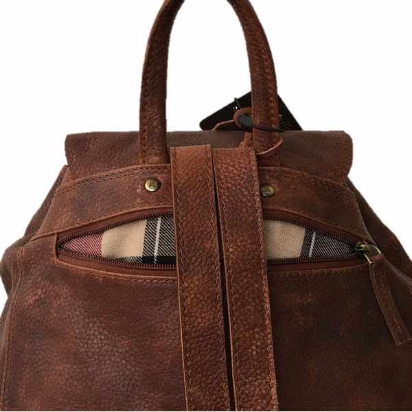 Rowallan Of Scotland Saxon Tan Leather Backpack With Twin Buckled Pocket detail