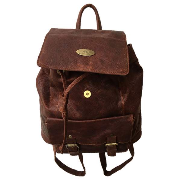 Rowallan Of Scotland Saxon Tan Leather Backpack With Twin Buckled Pocket popper