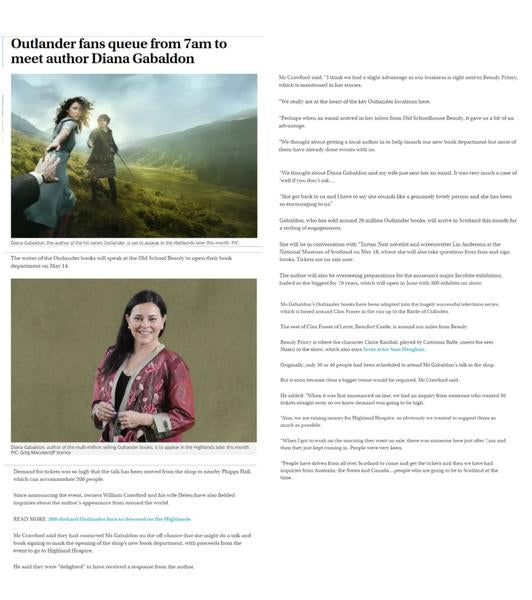Scotsman Article - Diana Gabaldon at The Old School Beauly