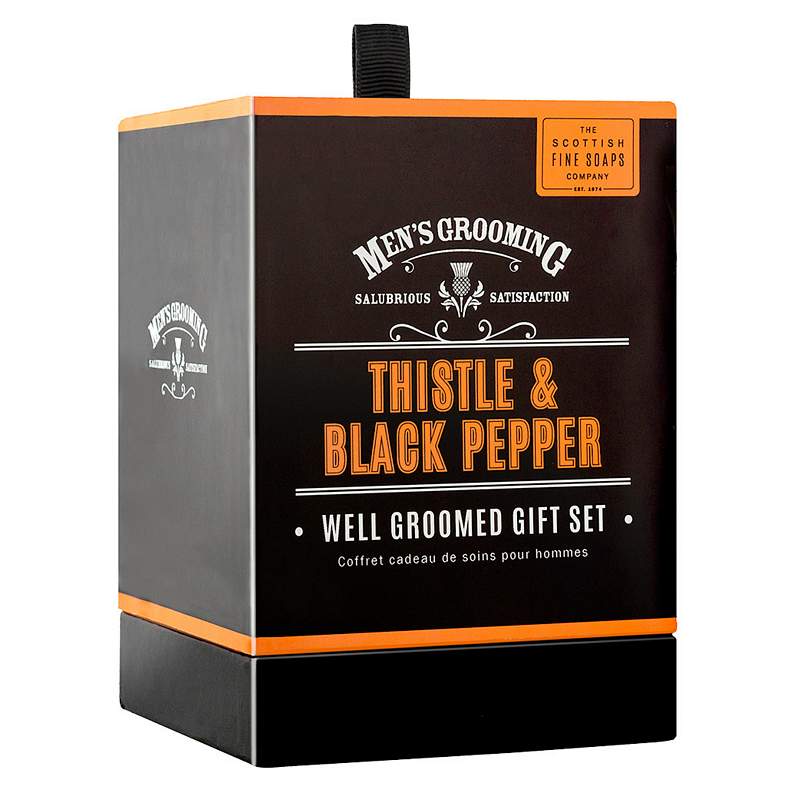 Scottish Fine Soaps Men's Grooming Thistle & Black Pepper Well Groomed Gift Set box
