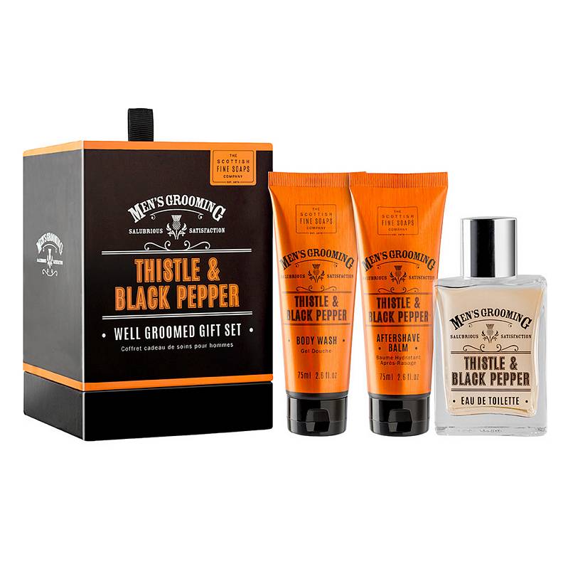 Scottish Fine Soaps Men's Grooming Thistle & Black Pepper Well Groomed Gift Set box and contents